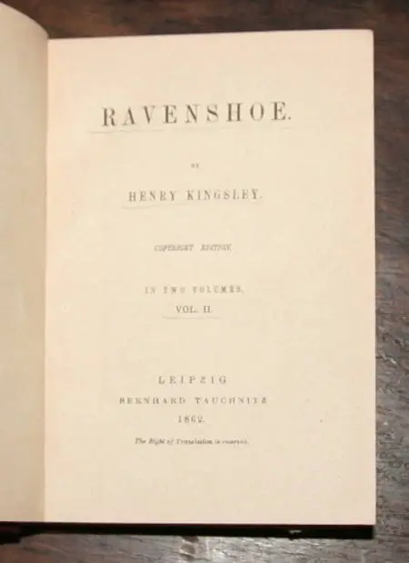 Kingsley Ravenshoe Tauchnitz 1862 2 volumes. Photo 1.