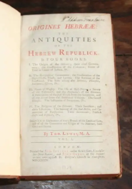 [Juda&iuml;ca] Lewis Origines Hebraeae London 1724. Photo 1.