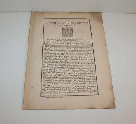 Hozier G&eacute;n&eacute;alogie Le Bachelier 1741 Normandie. Photo 1.