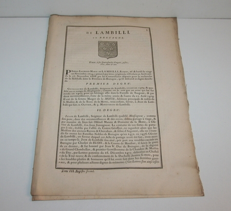 Hozier. G&eacute;n&eacute;alogie de Lambilli Bretagne 1741. Photo 1.