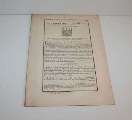 HOZIER (Louis Pierre d') et d'HOZIER DE SERIGNY. G&eacute;n&eacute;alogie de la famille de Bargeton de Cabri&egrave;res. Famille de Languedoc