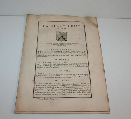 Hozier. G&eacute;n&eacute;alogie Hardi de la Trousse en Brie 1741. Photo 1.