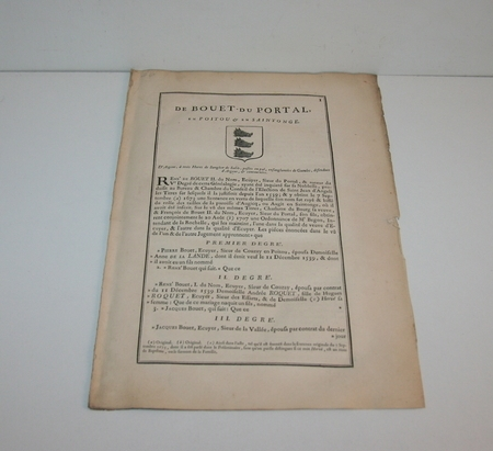Hozier. G&eacute;n&eacute;alogie de Bouet du Portal, en Poitou 1752. Photo 1.