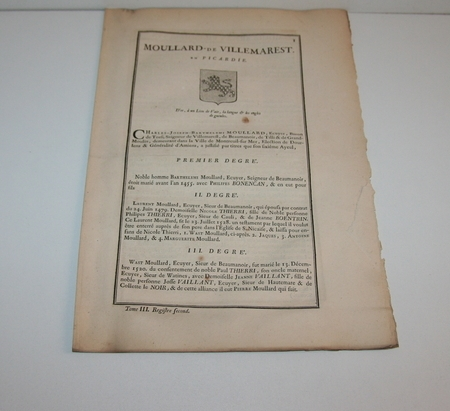 Hozier G&eacute;n&eacute;alogie Moullard de Villemarest 1741 Picardie. Photo 0.