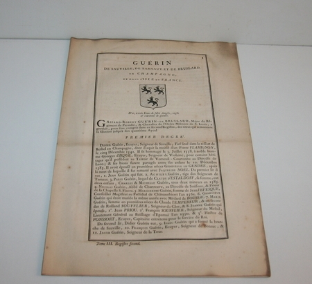 Hozier. G&eacute;n&eacute;alogie Gu&eacute;rin de Sauville 1741 Champagne. Photo 0.