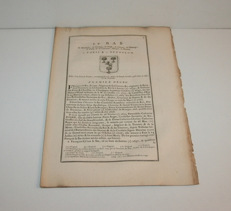 Hozier. G&eacute;n&eacute;alogie Le Bas de Montargis 1762 Paris. Photo 1.