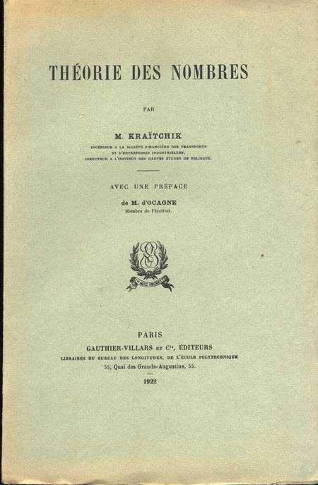 KRAITCHIK (M.). Th&eacute;orie des nombres