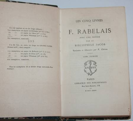 Les cinq livres de Fran&ccedil;ois Rabelais 1885 - 4 volumes reli&eacute;s. Photo 2.