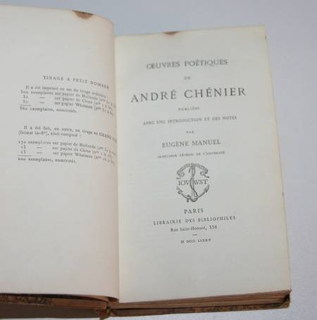 Andr&eacute; CHENIER Oeuvres po&eacute;tiques. Introduction et notes d'Eug&egrave;ne Manuel 1884. Photo 2.
