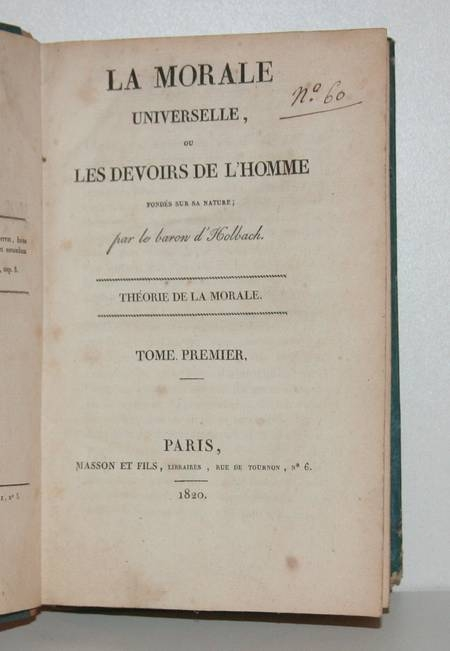 Holbach - La morale universelle ou les devoirs de l'homme - 1820. Photo 1.