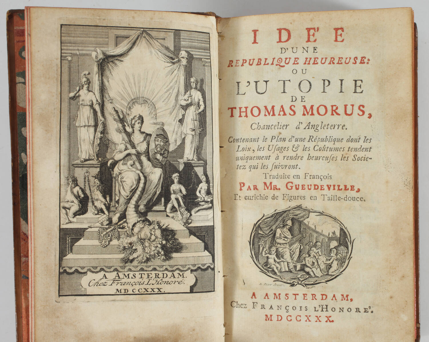 Thomas MORE - Idée d une république heureuse, ou l utopie - 1730 - Gravures - Photo 2, livre ancien du XVIIIe siècle