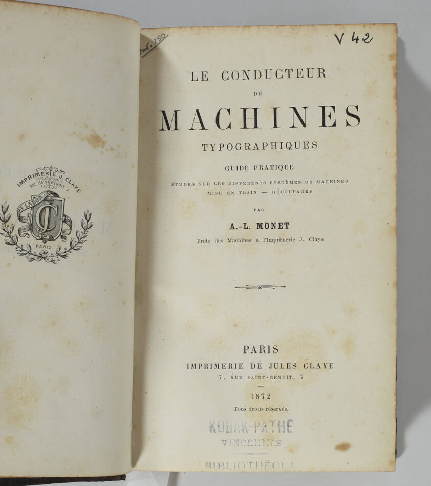 [Typographie] MONET - Le conducteur de machines typographiques - 1872 - Photo 2, livre rare du XIXe siècle
