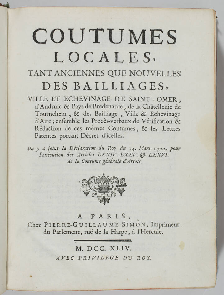 Coutumes locales de Saint-Omer - 1744 - Ex-libris - Photo 1, livre ancien du XVIIIe siècle
