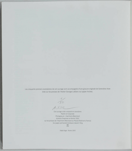 Geneviève ASSE - La pointe de l oeil - 2002 - Pointe sèche originale signée - Photo 3, livre rare du XXIe siècle