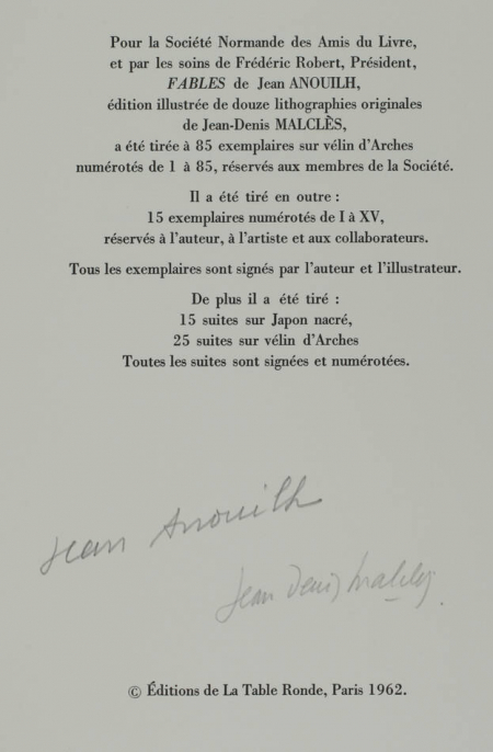 ANOUILH - Fables, 1986 - 12 lithographies Malclès - Signé par Malcles et Anouilh - Photo 0, livre rare du XXe siècle