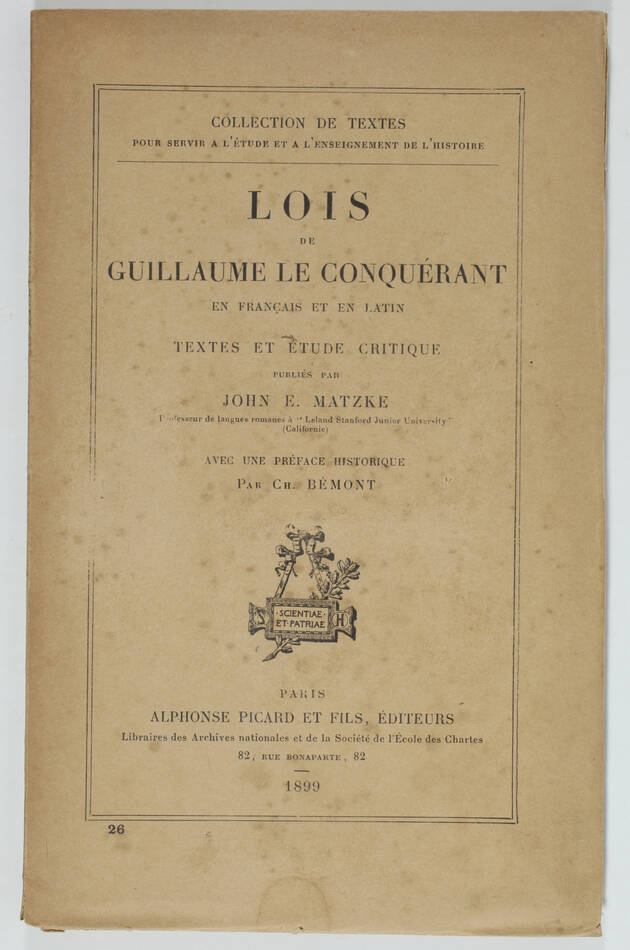 [Moyen-Age, Angleterre] MATZKE - Lois de Guillaume le Conquérant - 1899 - Photo 0, livre rare du XIXe siècle
