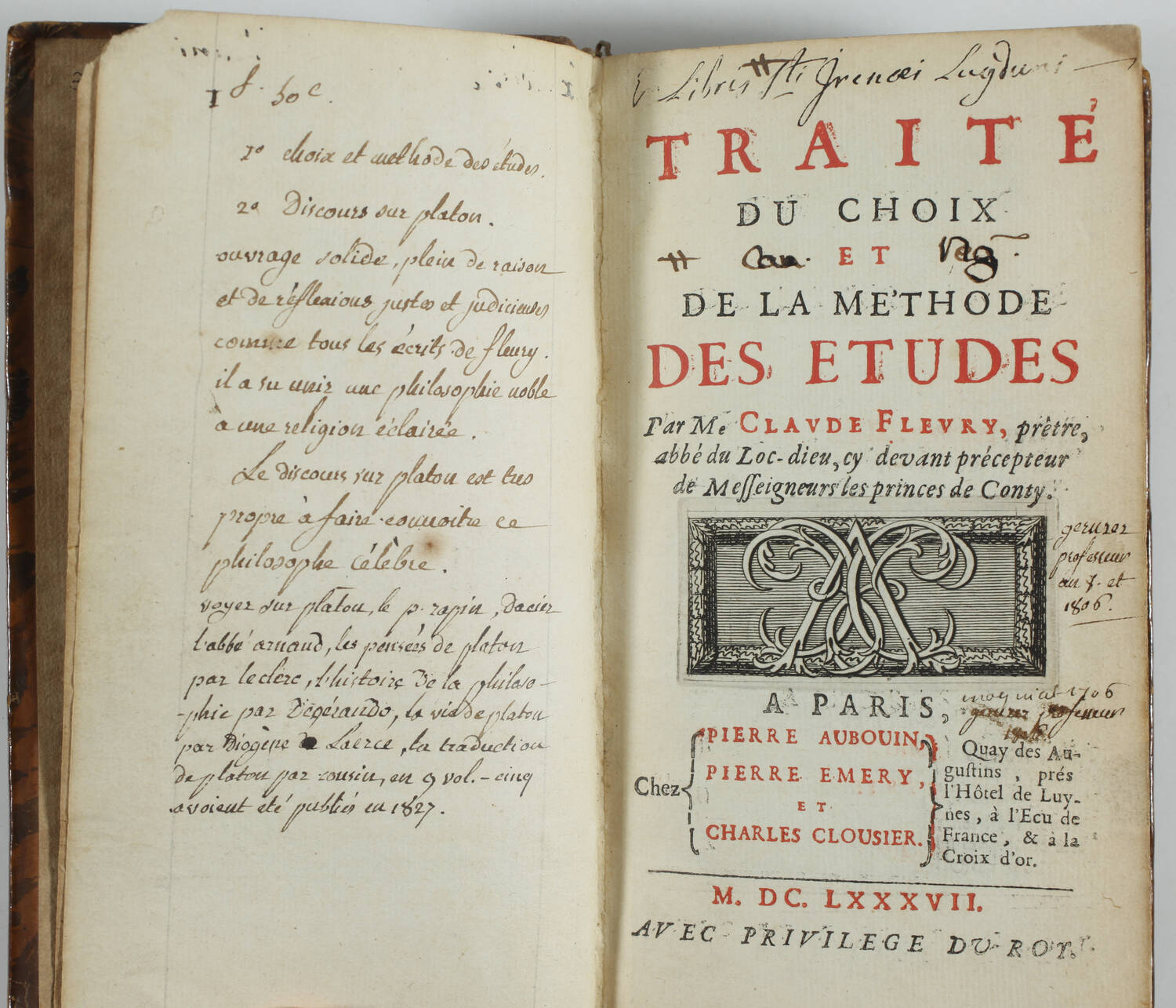Claude FLEURY - Traité du choix et de la méthode des études - 1687 - Ex-libris - Photo 0, livre ancien du XVIIe siècle
