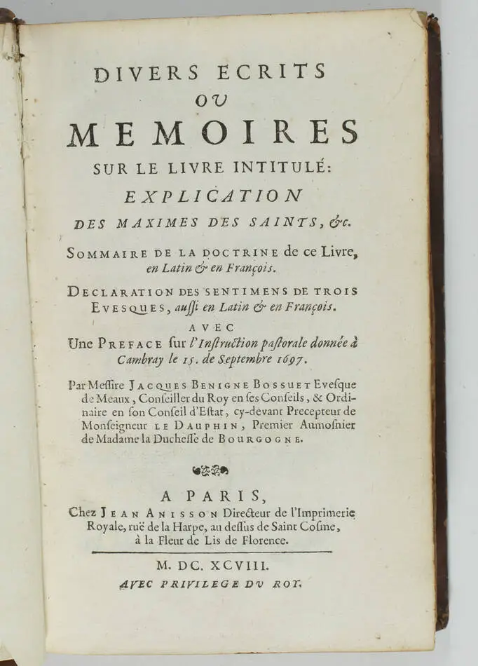 BOSSUET - Divers écrits ou Mémoires - 1698 - Edition originale - Photo 0, livre ancien du XVIIe siècle