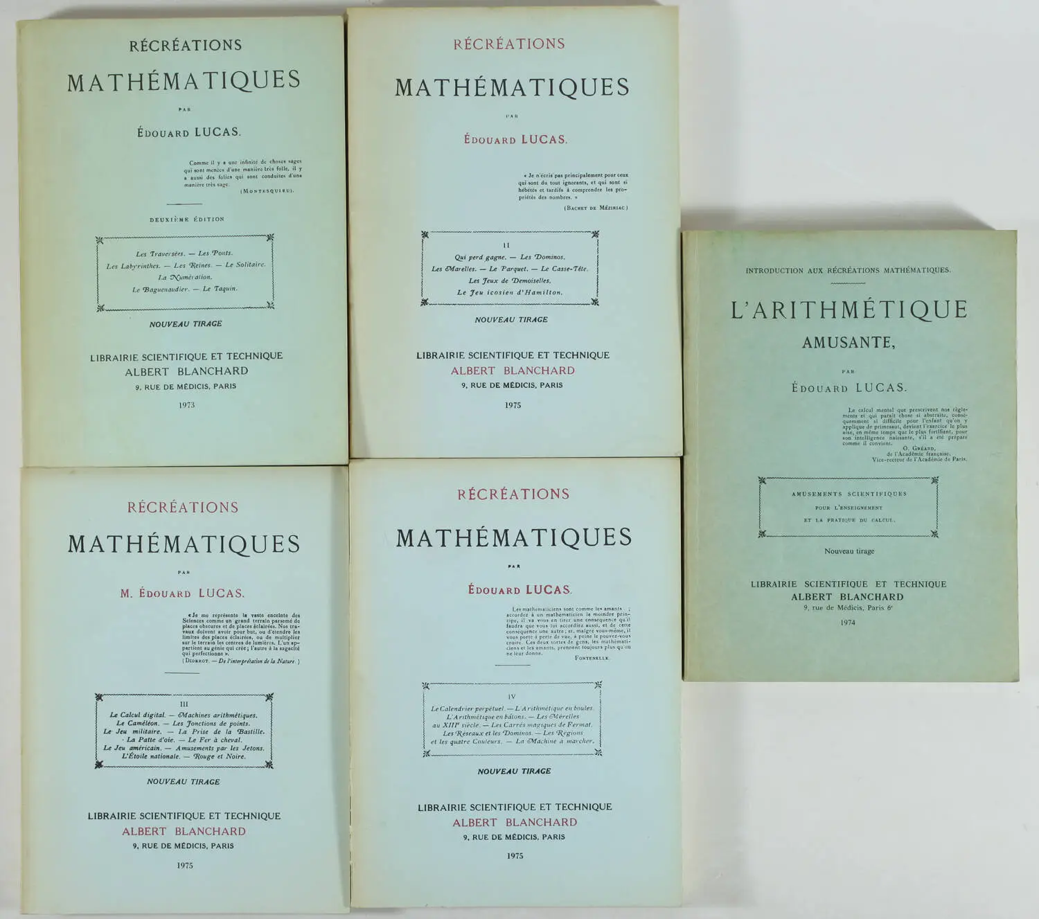 Lucas - Récréations mathématiques + arithmétique amusante - 1973, 5 volumes - Photo 0, livre rare du XXe siècle