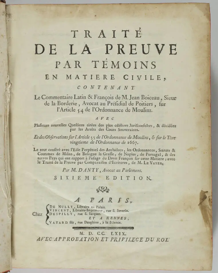 [Droit] DANTY - Traité de la preuve par preuve témoins - 1769 - Photo 1, livre ancien du XVIIIe siècle