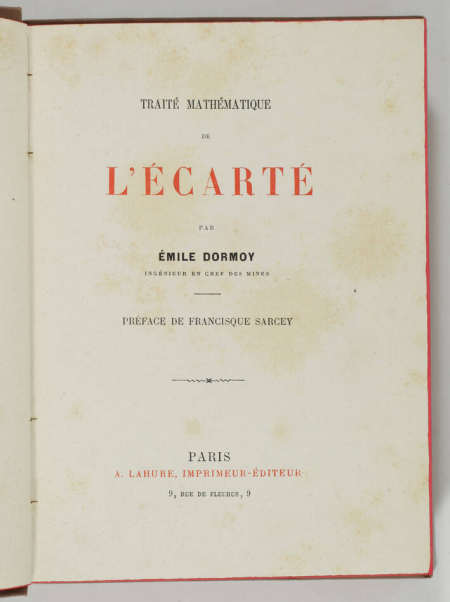[Jeux de cartes] DORMOY - Traité mathématique de l écarté - (vers 1890) - Photo 1, livre rare du XIXe siècle