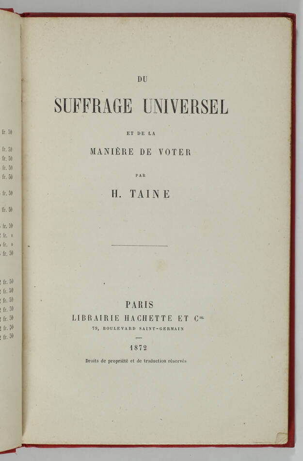 [Elections] H. TAINE - Du suffrage universel et de la manière de voter - 1872 - Photo 1, livre rare du XIXe siècle