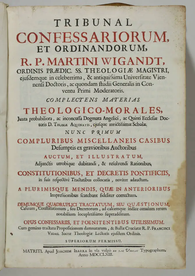 Wigandt - Tribunal confessariorum et ordinandorum - Madrid, Joachim Ibarra, 1763 - Photo 2, livre ancien du XVIIIe siècle