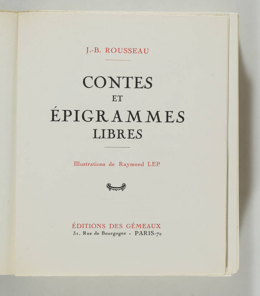JB ROUSSEAU - Contes et épigrammes libres - 1943 - Illustrations de Lep - 1/200 - Photo 2, livre rare du XXe siècle
