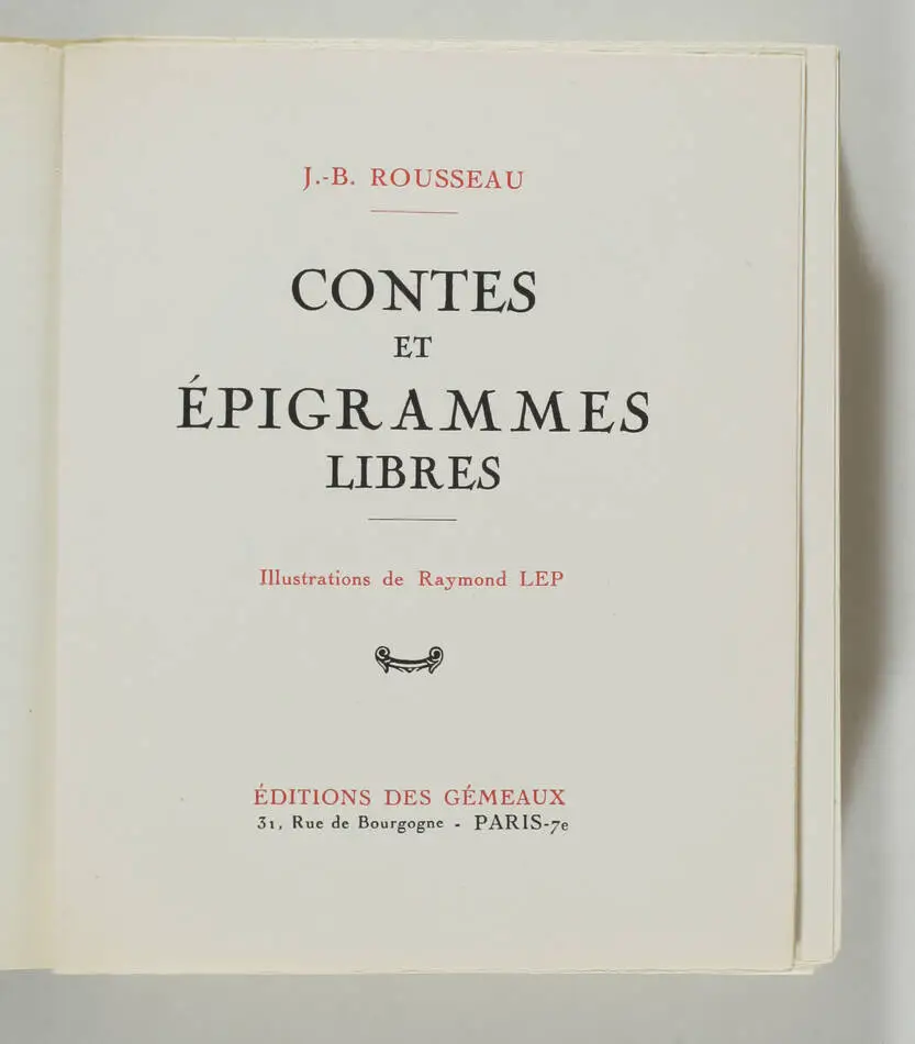 JB ROUSSEAU - Contes et épigrammes libres - 1943 - Illustrations de Lep - 1/200 - Photo 2, livre rare du XXe siècle