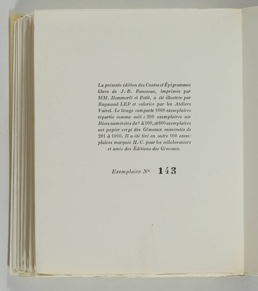 JB ROUSSEAU - Contes et épigrammes libres - 1943 - Illustrations de Lep - 1/200 - Photo 5, livre rare du XXe siècle
