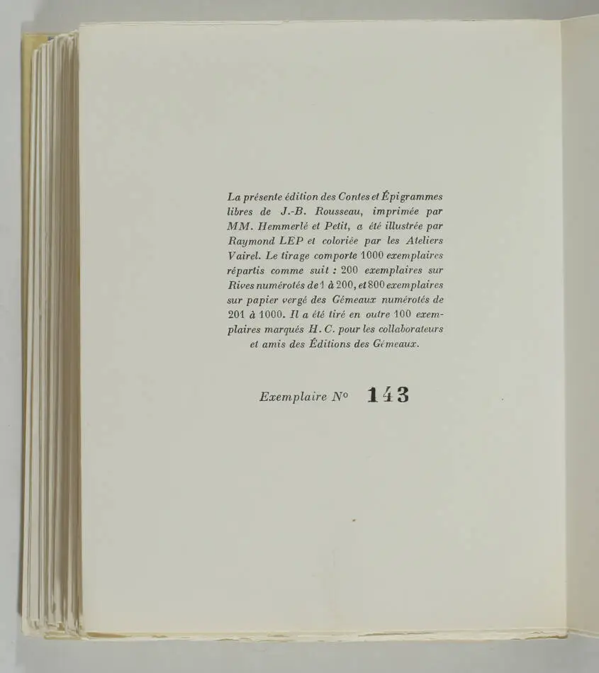 JB ROUSSEAU - Contes et épigrammes libres - 1943 - Illustrations de Lep - 1/200 - Photo 5, livre rare du XXe siècle