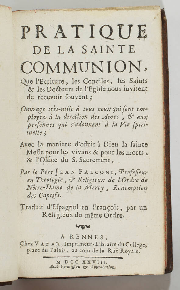 [Bretagne] FALCONI Pratique de la Sainte Communion - Rennes, Vatar, 1728 - Photo 1, livre ancien du XVIIIe siècle