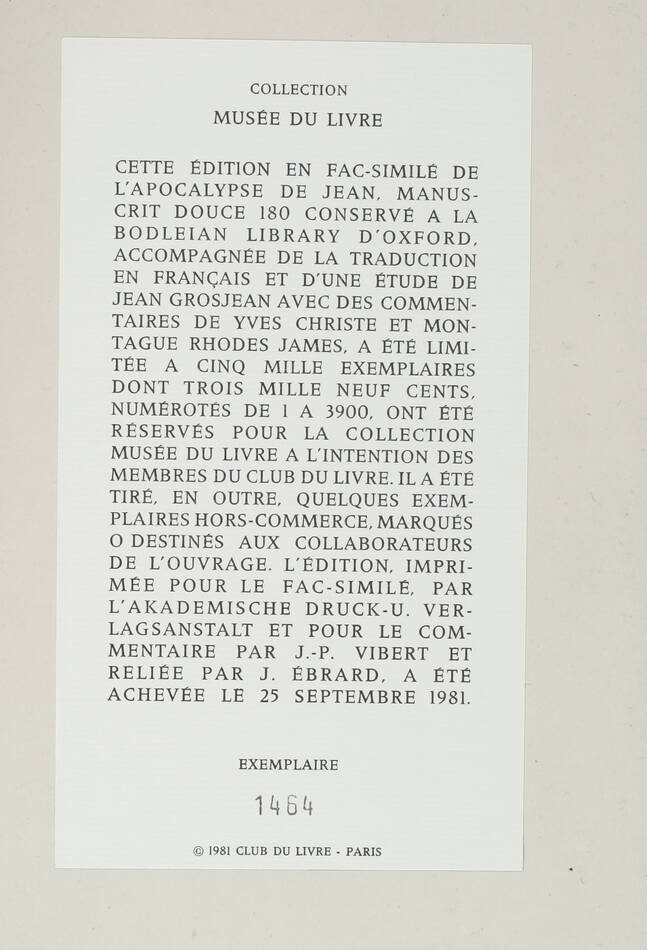 Apocalypse de Jean, fac-similé du Manuscrit Douce 180 de la Bodleian - 1981 - Photo 3, livre rare du XXe siècle