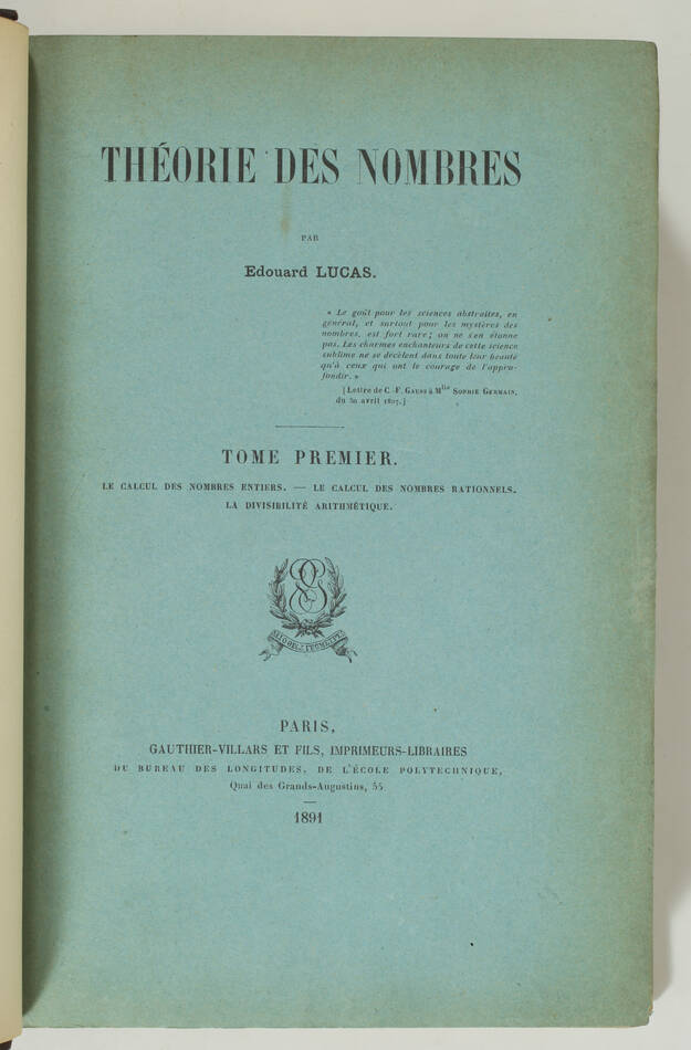 [Mathématiques] Edouaurd LUCAS - Théorie des nombres - 1891 - EO - Photo 1, livre rare du XIXe siècle