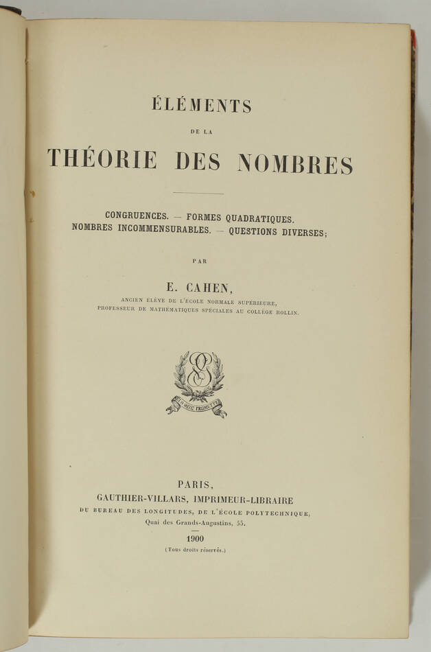 [Mathématiques] CAHEN - Eléments de la théorie des nombres - 1900 - EO - Photo 0, livre rare du XXe siècle
