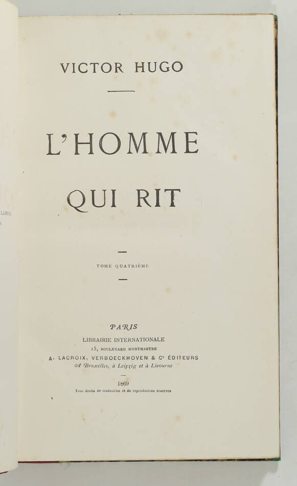 HUGO - L homme qui rit - 1869 - Edition originale - 4 volumes, chagrin rouge - Photo 2, livre rare du XIXe siècle