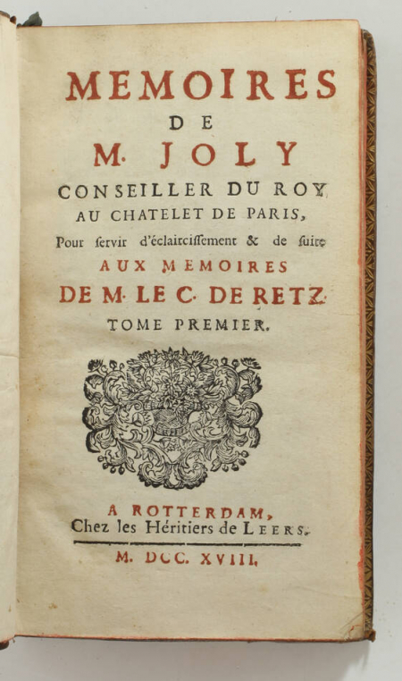 Mémoires de Joly conseiller du roy au châtelet suite à ceux du C. de Retz - 1718 - Photo 1, livre ancien du XVIIIe siècle