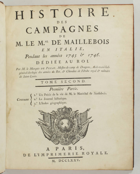 PEZAY - Campagnes du maréchal de Maillebois en Italie en 1745-1746 - 2 vol. 1775 - Photo 3, livre ancien du XVIIIe siècle