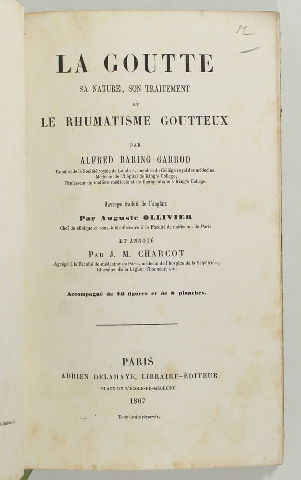 BARING GARROD - La goutte - 1867 - 8 planches couleurs - Notes de Charcot - Photo 2, livre rare du XIXe siècle