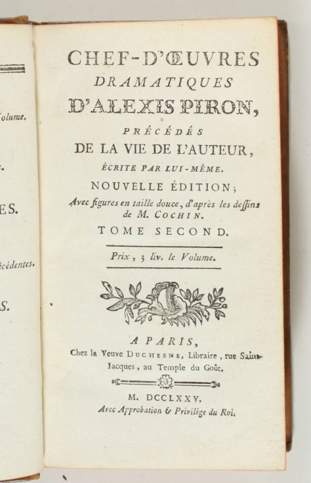 Alexis PIRON - Chef-d oeuvres dramatiques - 1775 - 2 volumes - figures de Cochin - Photo 3, livre ancien du XVIIIe siècle
