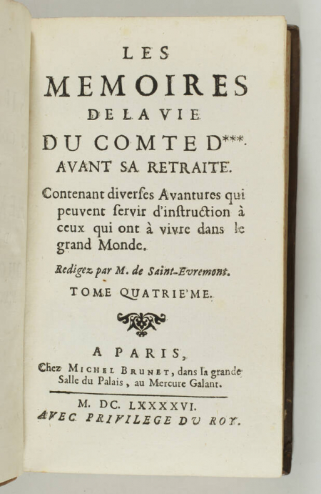 ST-EVREMOND [VILLIERS] Mémoires du cte D*** avant sa retraite - 1696 - 4 vo - Photo 3, livre ancien du XVIIe siècle