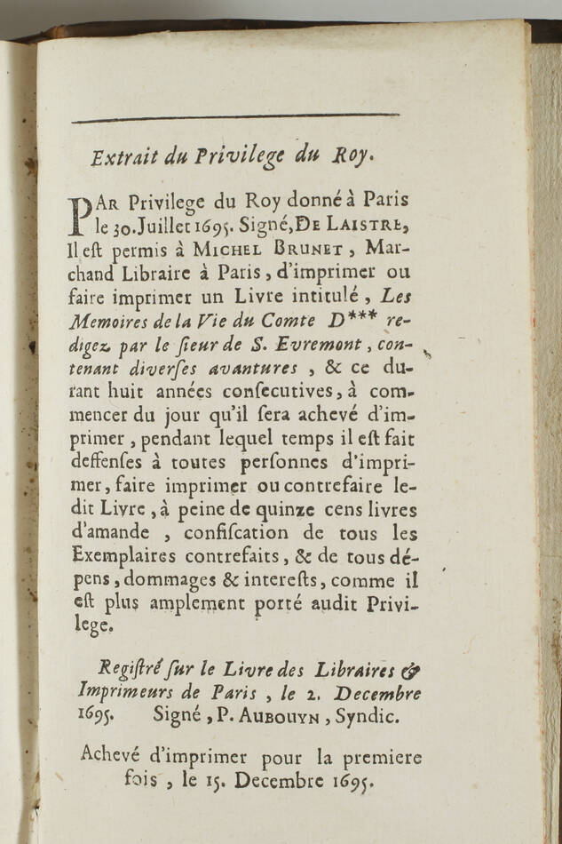 ST-EVREMOND [VILLIERS] Mémoires du cte D*** avant sa retraite - 1696 - 4 vo - Photo 5, livre ancien du XVIIe siècle