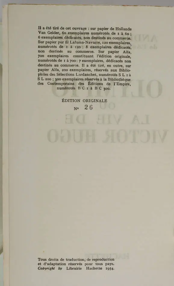 MAUROIS - Olympio ou la vie de Victor Hugo - 1954 - Envoi - 1/60 van Gelder - Photo 2, livre rare du XXe siècle