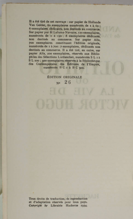 MAUROIS - Olympio ou la vie de Victor Hugo - 1954 - Envoi - 1/60 van Gelder - Photo 2, livre rare du XXe siècle
