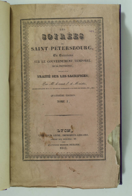 MAISTRE - Les soirées de Saint-Pétersbourg 1842 - 4e ed - reliure Trémois - Photo 3, livre rare du XIXe siècle