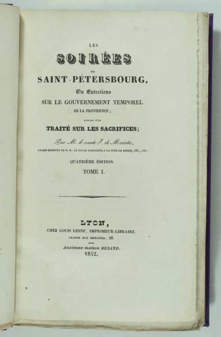 MAISTRE - Les soirées de Saint-Pétersbourg 1842 - 4e ed - reliure Trémois - Photo 4, livre rare du XIXe siècle