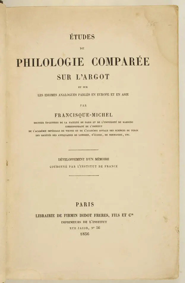 Philologie comparée de l argot et des idiomes d Europe et d Asie - 1856 - Photo 1, livre rare du XIXe siècle