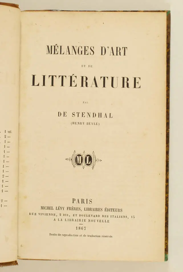STENDHAL - Mélanges d art et de littérature - 1867 - En partie originale - Photo 1, livre rare du XIXe siècle