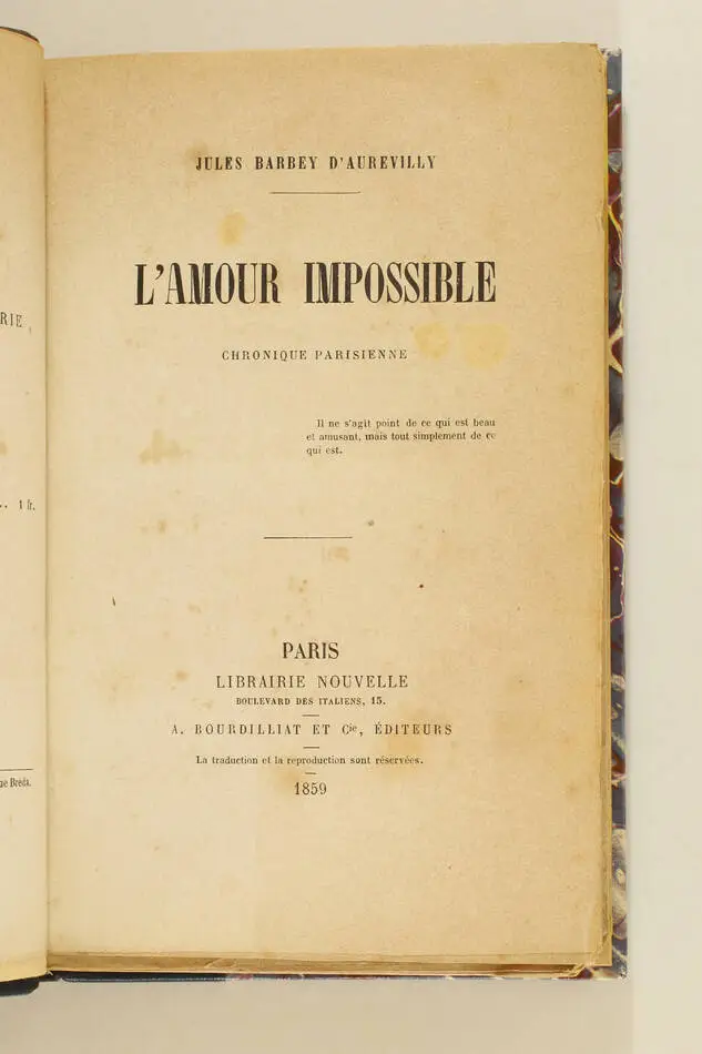 BARBEY d AUREVILLY - L amour impossible. Chronique parisienne - 1859 - 2e ed. - Photo 1, livre rare du XIXe siècle
