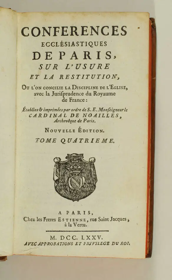 Conférences ecclésiastiques de Paris sur l usure et la restitution - 1775 - 4 v. - Photo 2, livre ancien du XVIIIe siècle